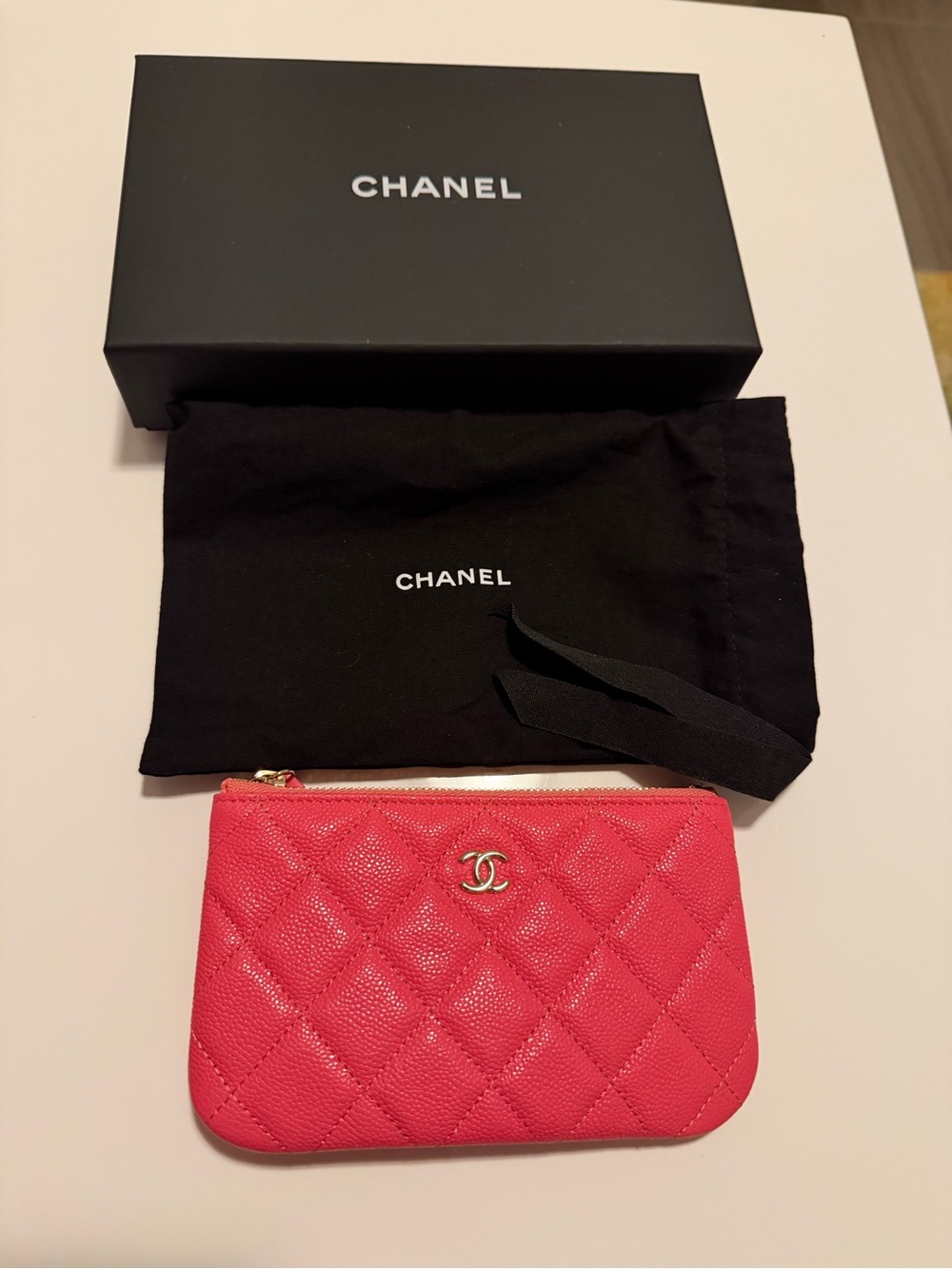 CHANEL Quilted Hot Pink Caviar Leather Zip Coin Pouch with Gold CC